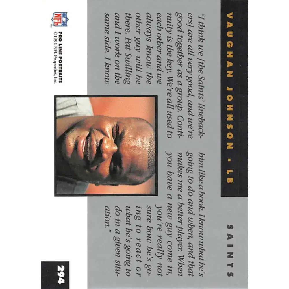 1991 Pro Line Portraits #294 Vaughan Johnson EX-NM New Orleans Saints Football Card - Football Card Single