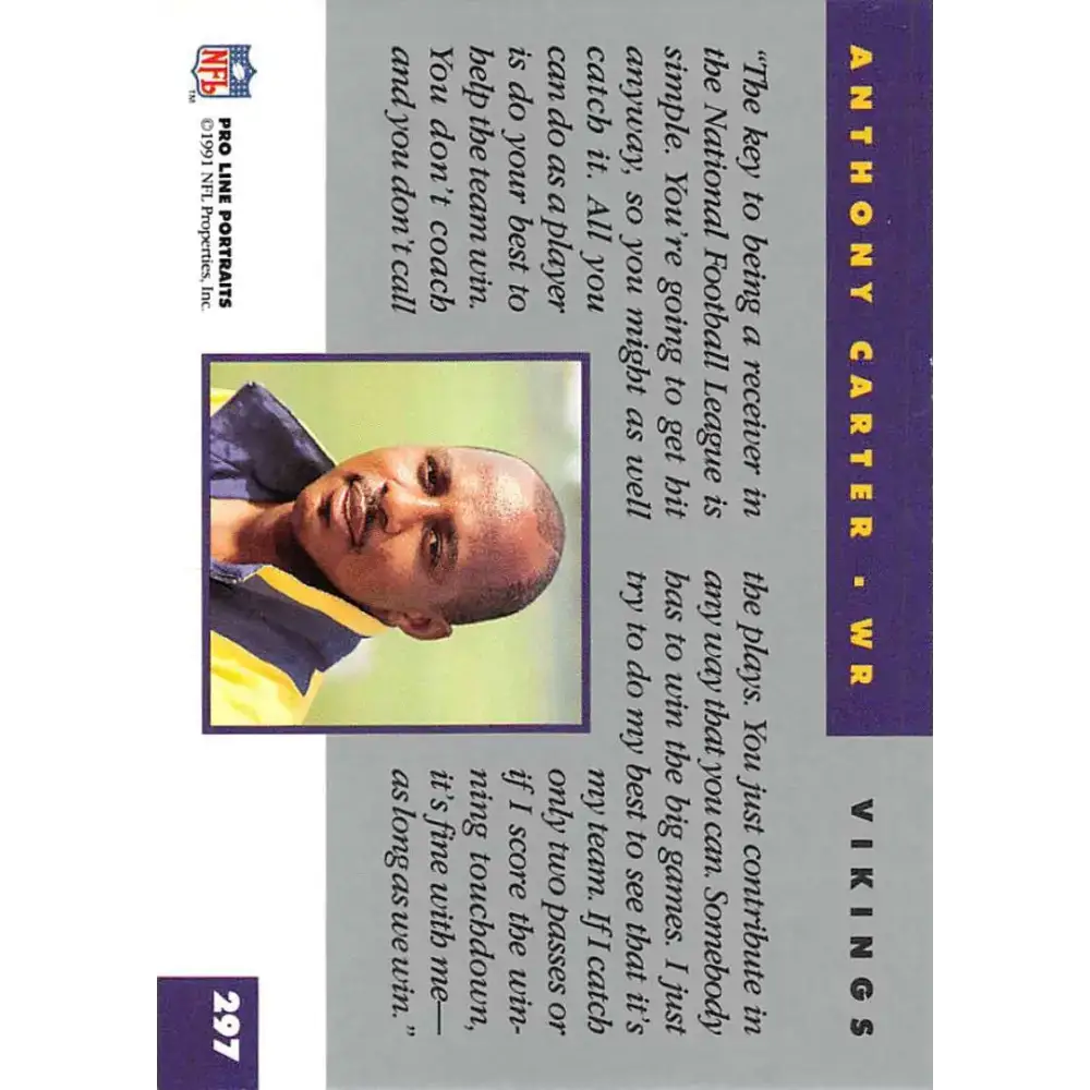 1991 Pro Line Portraits #297 Anthony Carter EX-NM Minnesota Vikings Football Card - Football Card Single