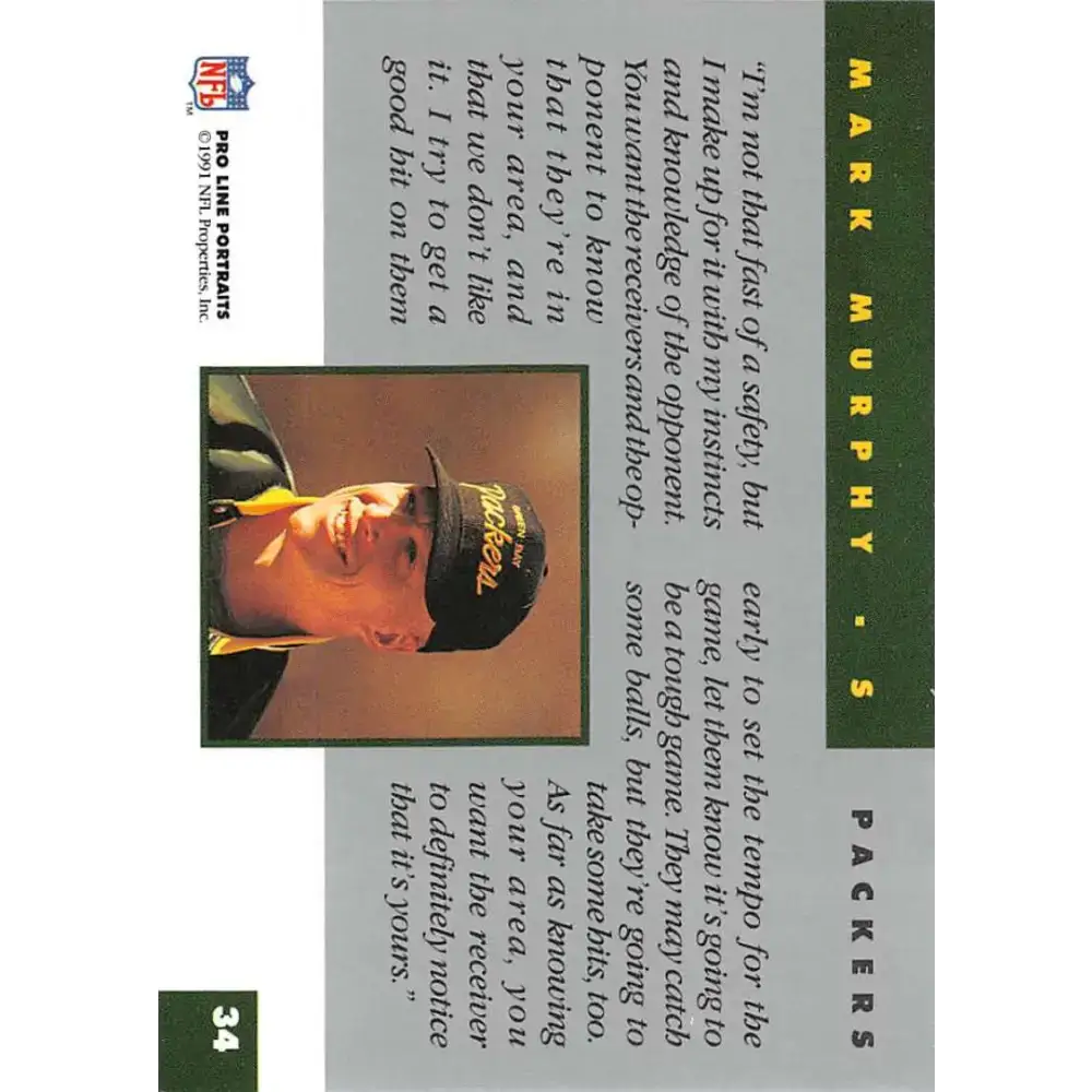 1991 Pro Line Portraits #34 Mark Murphy EX-NM Green Bay Packers Football Card - Football Card Single