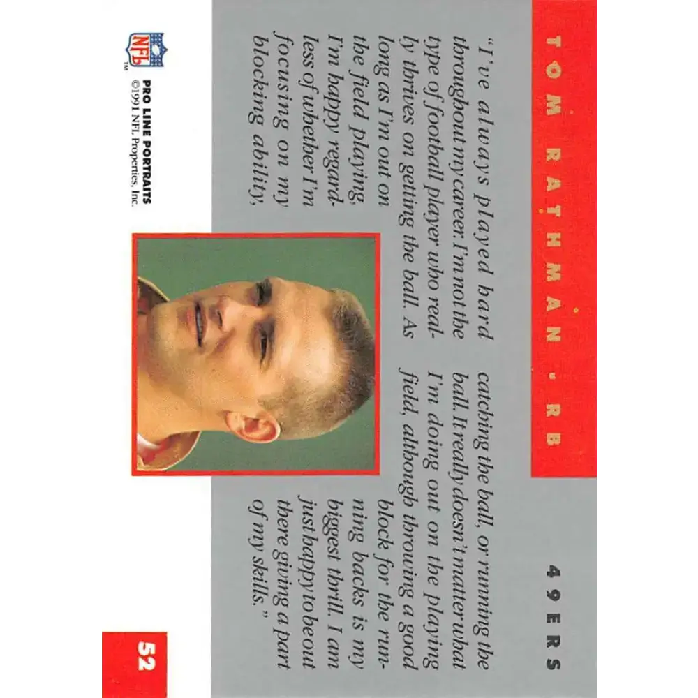 1991 Pro Line Portraits #52 Tom Rathman EX-NM San Francisco 49ers Football Card - Football Card Single