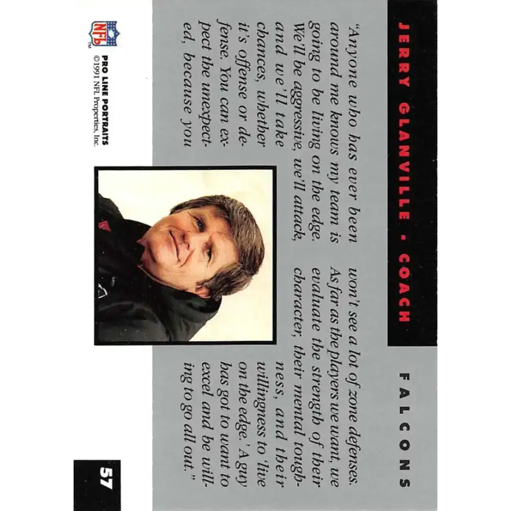 1991 Pro Line Portraits #57 Jerry Glanville EX-NM Atlanta Falcons Football Card - Football Card Single