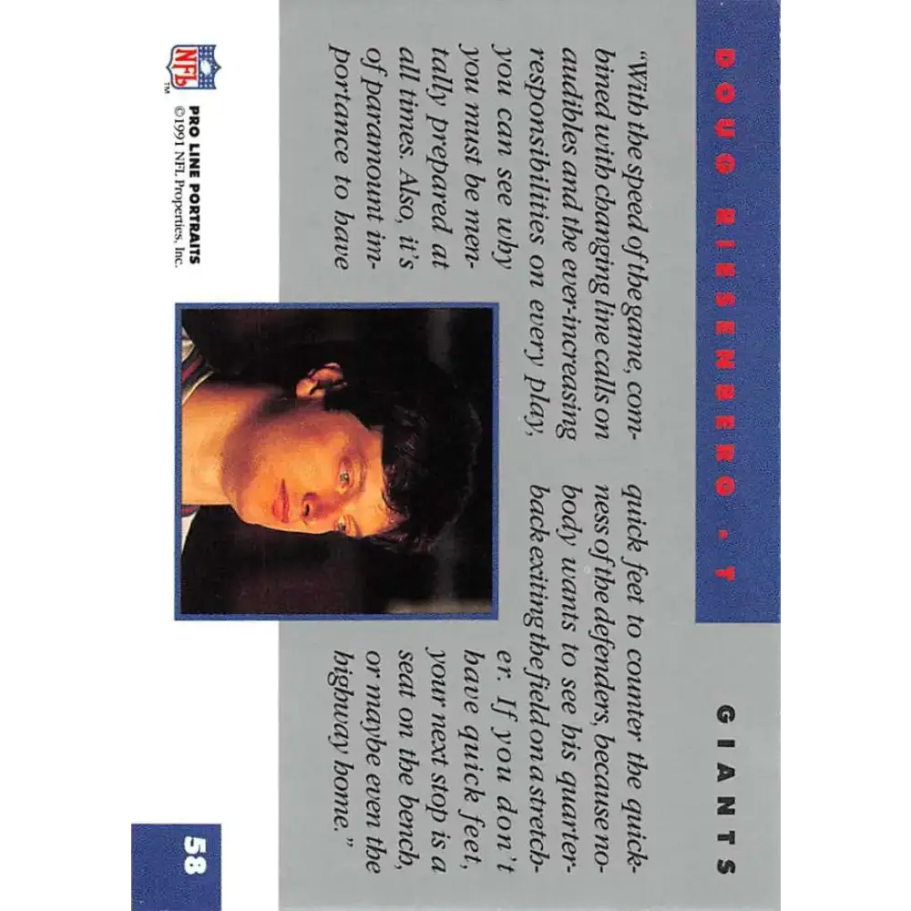 1991 Pro Line Portraits #58 Doug Riesenberg EX-NM New York Giants Football Card - Football Card Single