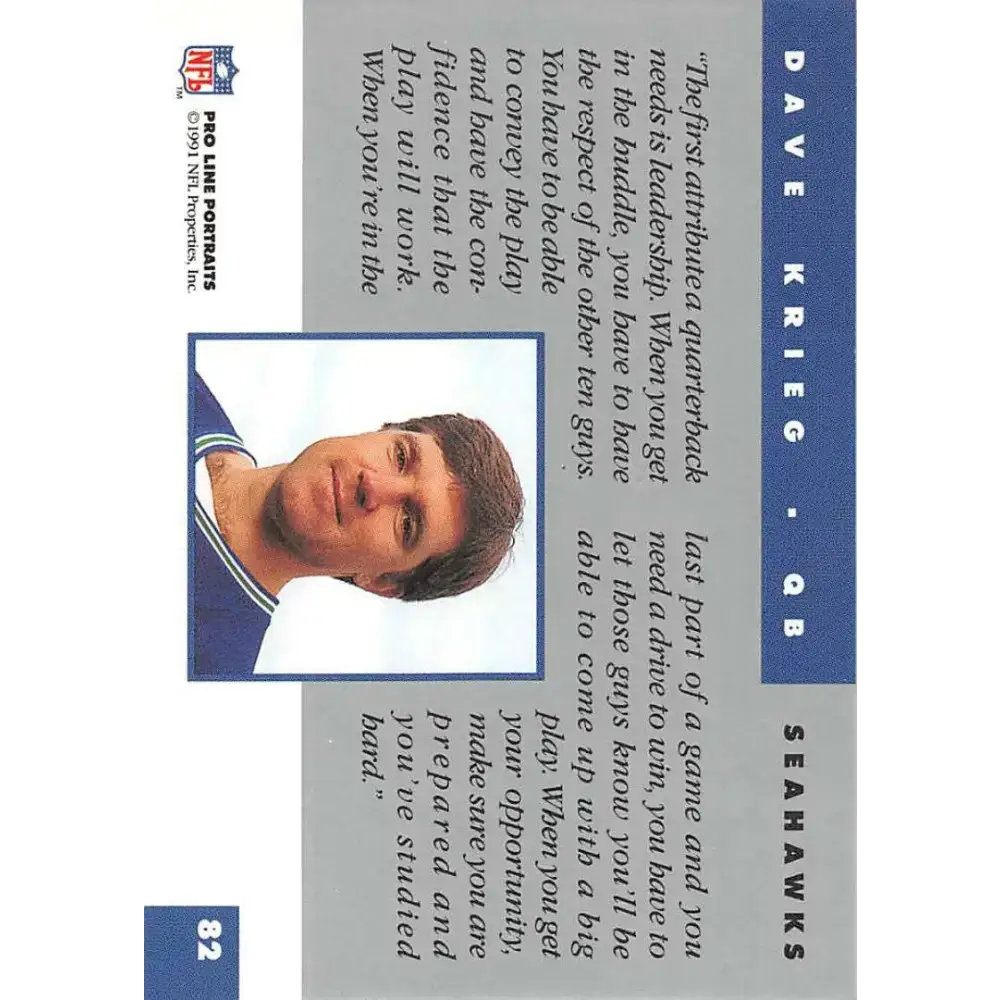 1991 Pro Line Portraits #82 Dave Krieg EX-NM Seattle Seahawks Football Card - Football Card Single