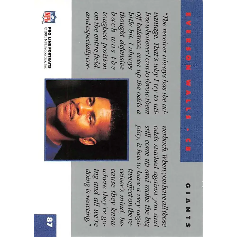 1991 Pro Line Portraits #87 Everson Walls EX-NM New York Giants Football Card - Football Card Single