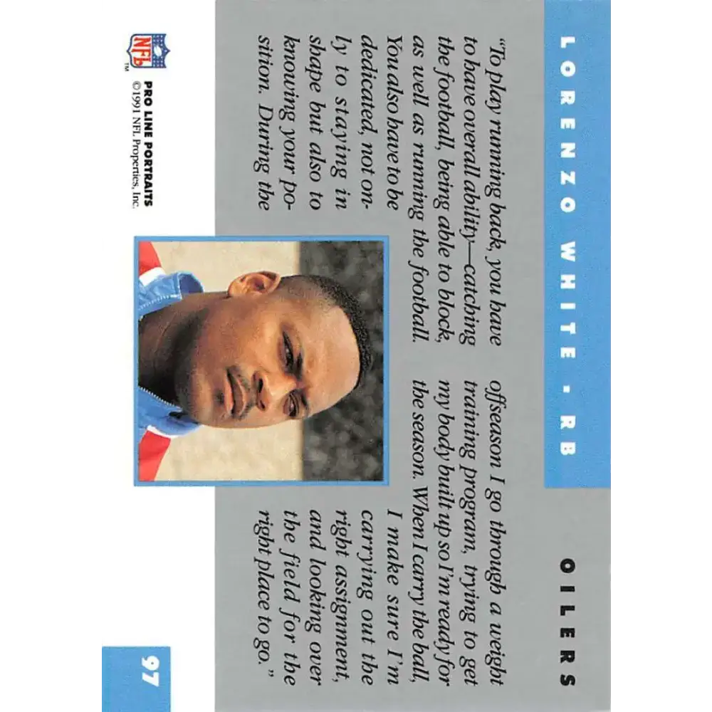 1991 Pro Line Portraits #97 Lorenzo White EX-NM Houston Oilers Football Card - Football Card Single