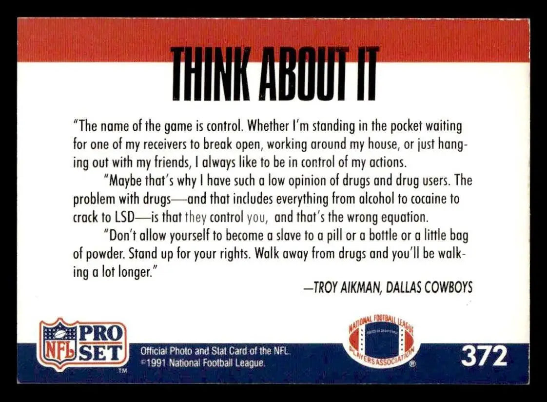 1991 Pro Set #NNO Troy Aikman Dallas Public Service Announcement - Football Card Single