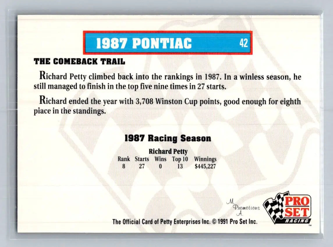 1991 Pro Set Petty Family #42 1987 Pontiac Petty Enterprises - Racing Card Single