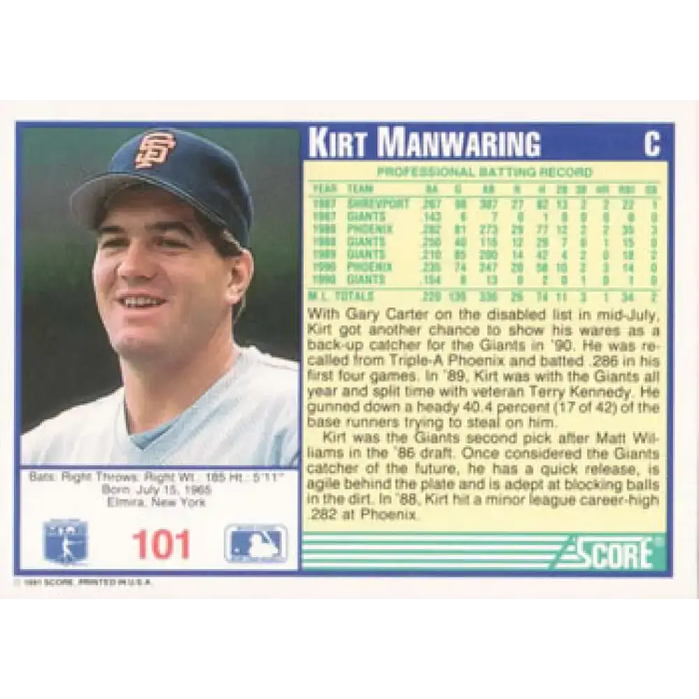 1991 Score #101 Kirt Manwaring NM-MT San Francisco Giants Baseball Card - Baseball Card Single