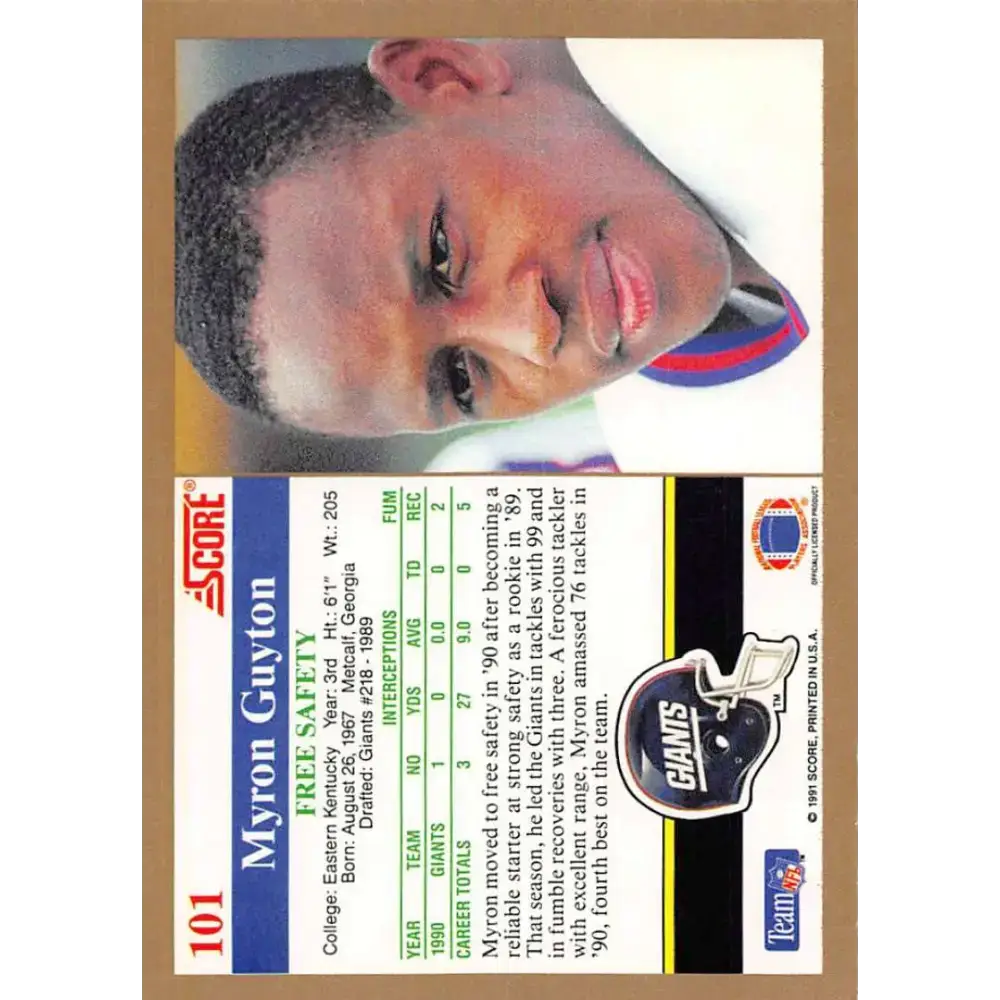 1991 Score #101 Myron Guyton EX Excellent New York Giants Football Card - Football Card Single
