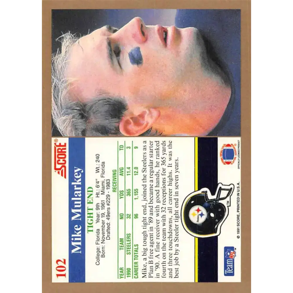 1991 Score #102 Mike Mularkey EX Excellent Pittsburgh Steelers Football Card - Football Card Single