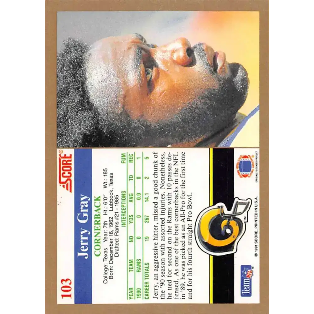 1991 Score #103 Jerry Gray EX Excellent Los Angeles Rams Football Card - Football Card Single