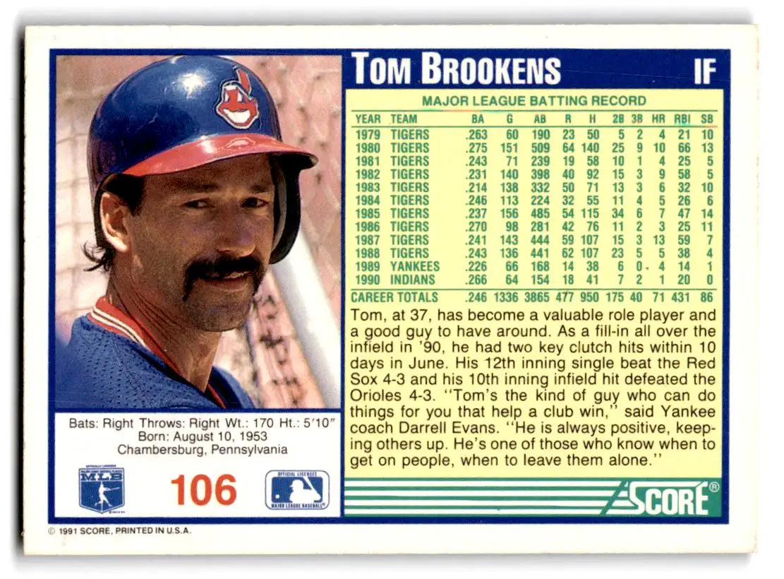 1991 Score #106 Tom Brookens - Baseball Card Single