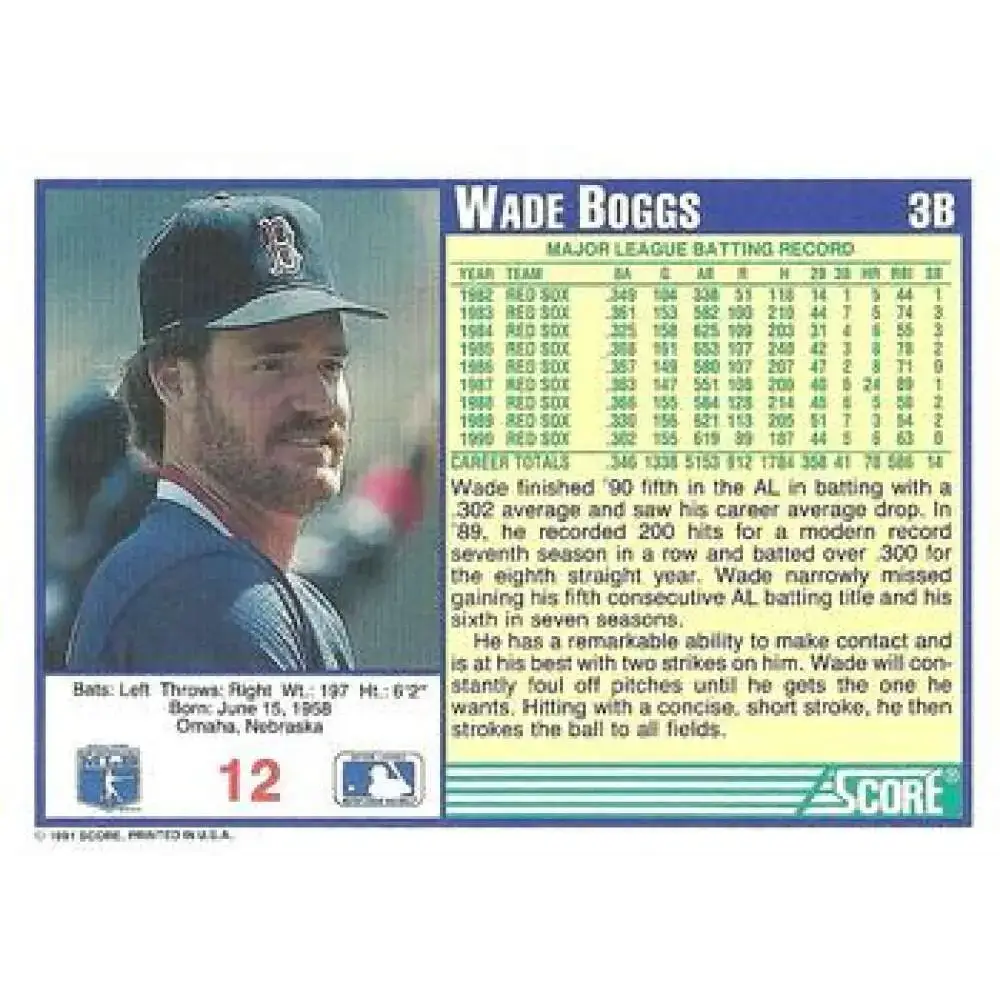 1991 Score #12 Wade Boggs NM-MT Boston Red Sox Baseball Card - Baseball Card Single