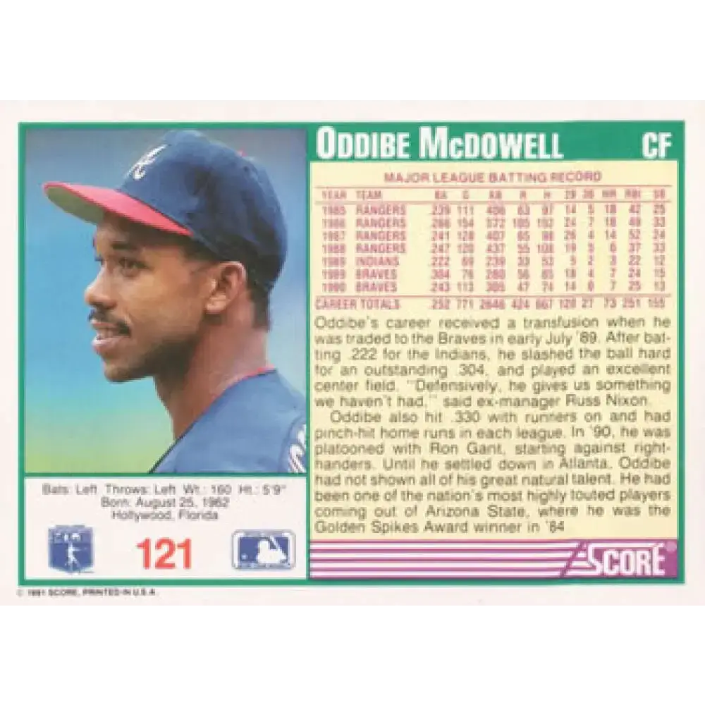 1991 Score #121 Oddibe McDowell NM-MT Atlanta Braves Baseball Card - Baseball Card Single