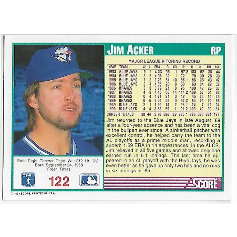 1991 Score #122 Jim Acker NM-MT Toronto Blue Jays Baseball Card - Baseball Card Single
