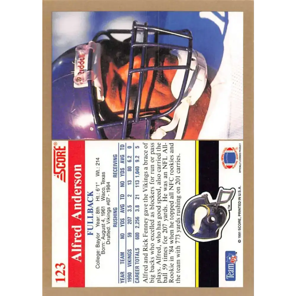 1991 Score #123 Alfred Anderson EX Excellent Minnesota Vikings Football Card - Football Card Single