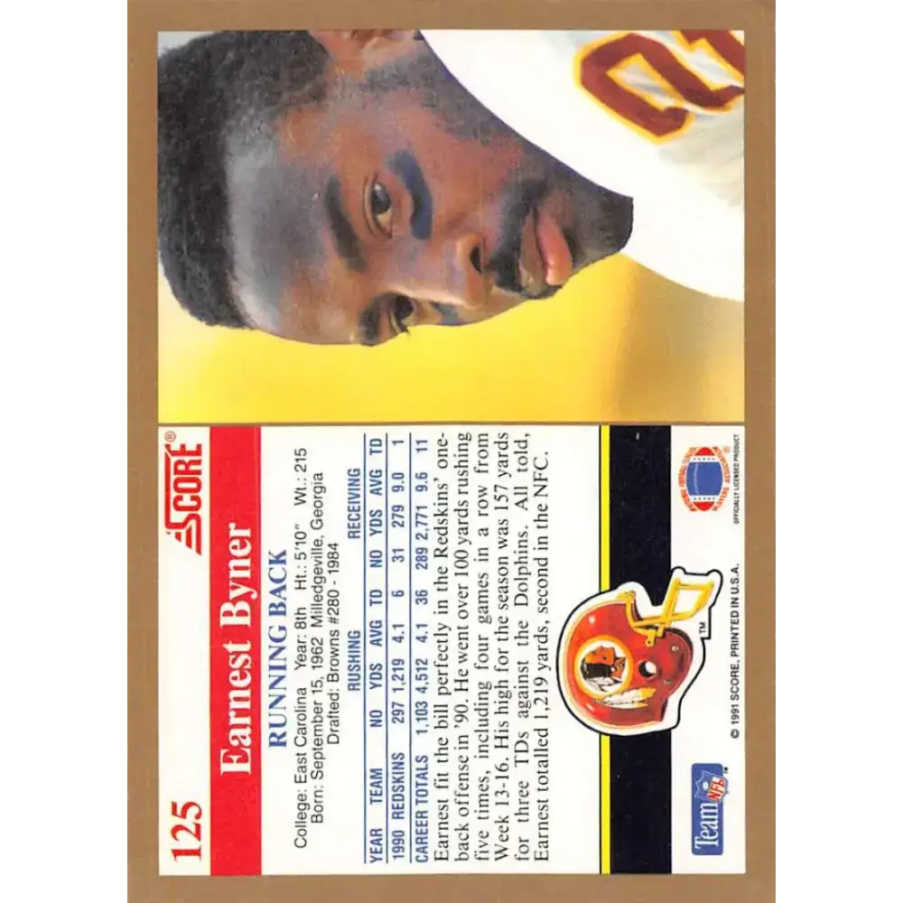 1991 Score #125 Earnest Byner EX Excellent Washington Redskins Football Card - Football Card Single