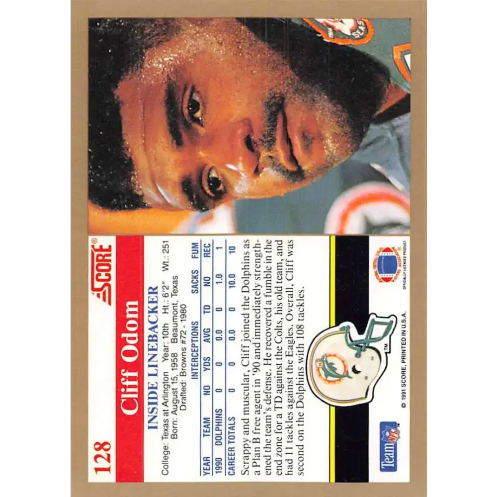 1991 Score #128 Cliff Odom EX Excellent Miami Dolphins Football Card - Football Card Single