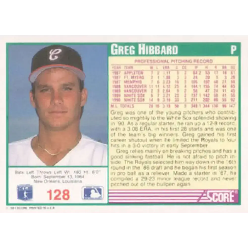1991 Score #128 Greg Hibbard NM-MT Chicago White Sox Baseball Card - Baseball Card Single