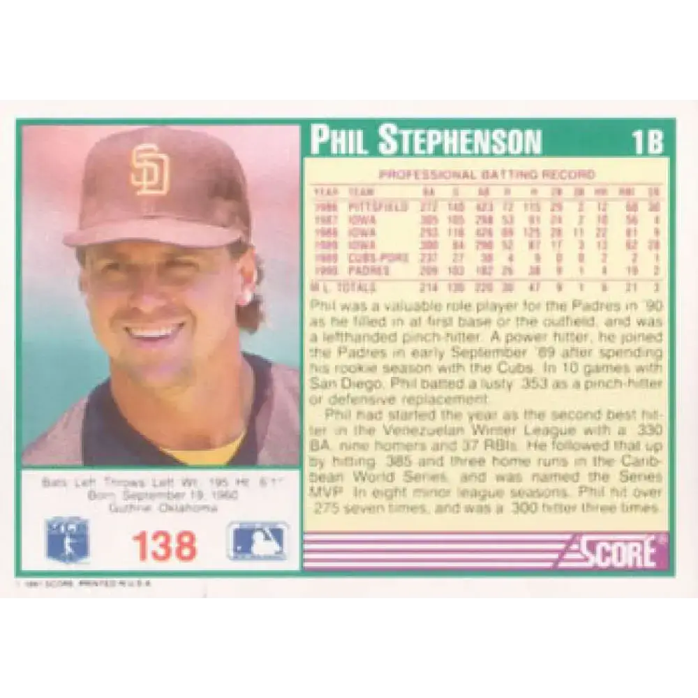 1991 Score #138 Phil Stephenson NM-MT San Diego Padres Baseball Card - Baseball Card Single