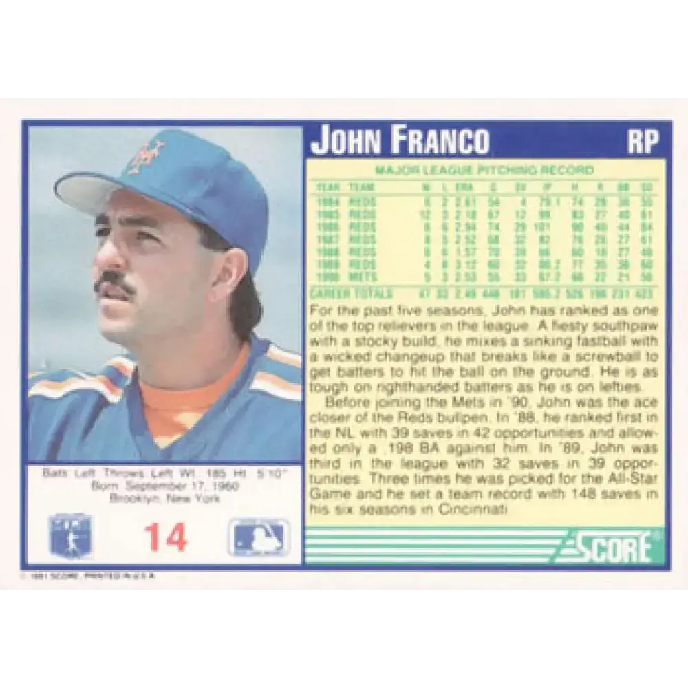 1991 Score #14 John Franco NM-MT New York Mets Baseball Card - Baseball Card Single