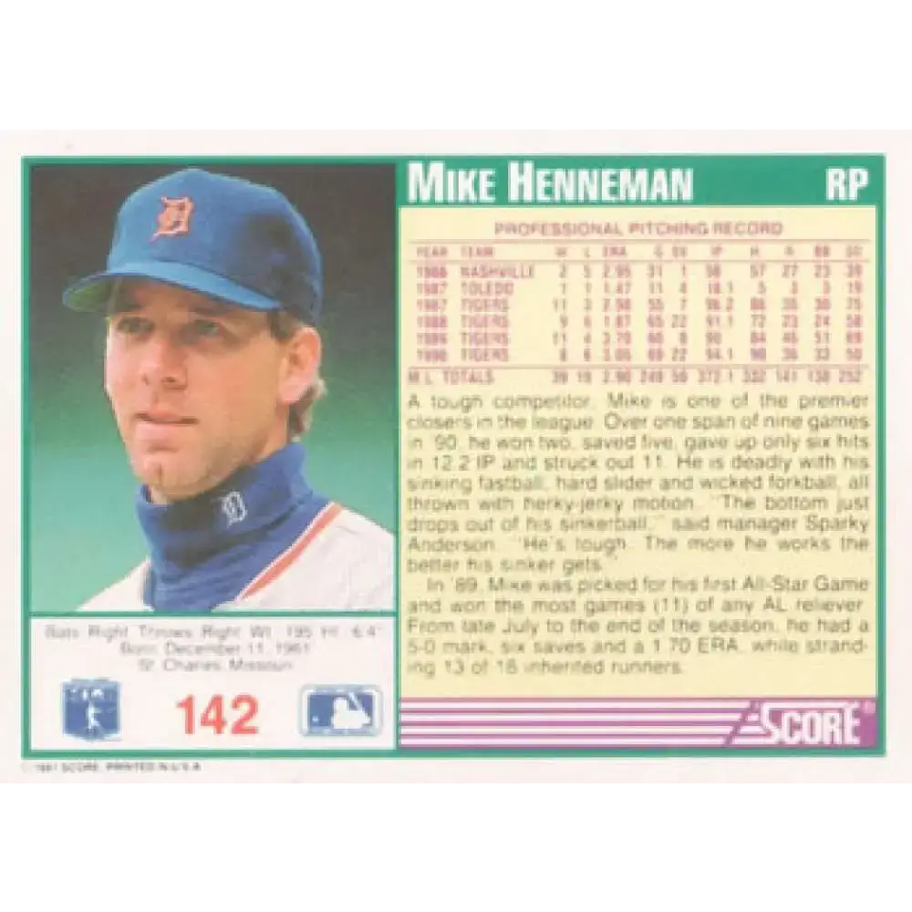 1991 Score #142 Mike Henneman NM-MT Detroit Tigers Baseball Card - Baseball Card Single