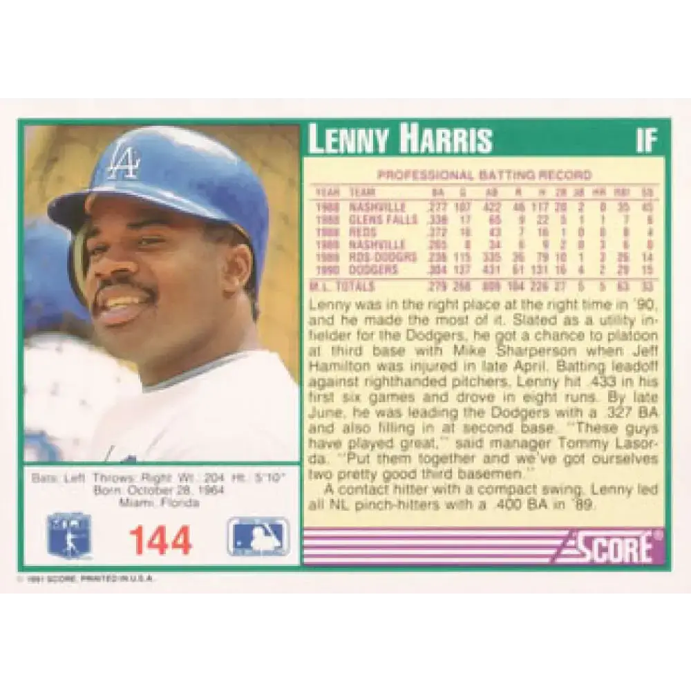 1991 Score #144 Lenny Harris NM-MT Los Angeles Dodgers Baseball Card - Baseball Card Single