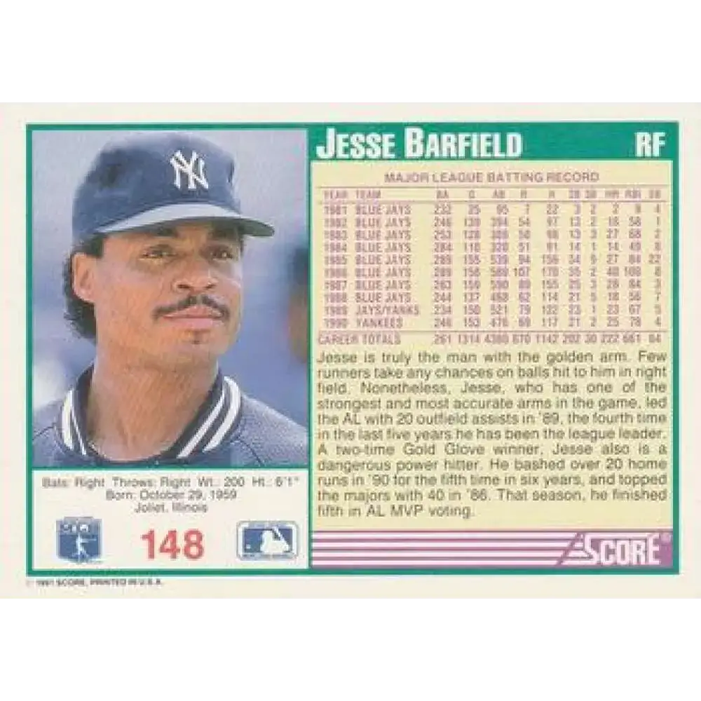 1991 Score #148 Jesse Barfield NM-MT New York Yankees Baseball Card - Baseball Card Single