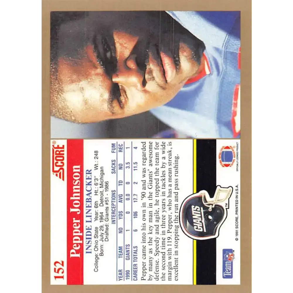 1991 Score #152 Pepper Johnson EX Excellent New York Giants Football Card - Football Card Single