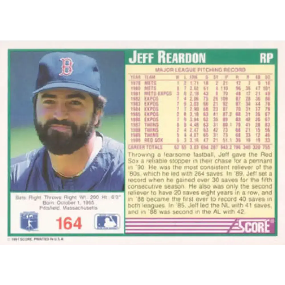 1991 Score #164 Jeff Reardon UER NM-MT Boston Red Sox Baseball Card - Baseball Card Single