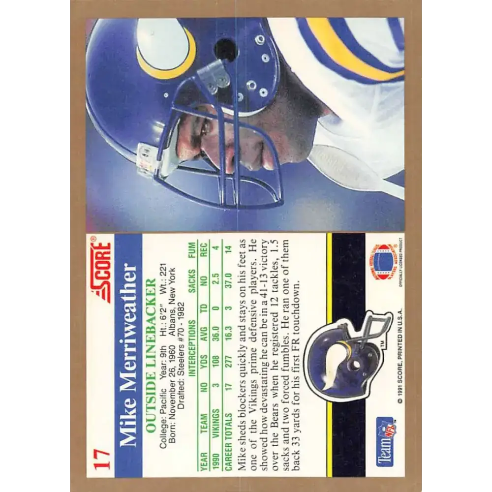1991 Score #17 Mike Merriweather EX Excellent Minnesota Vikings Football Card - Football Card Single