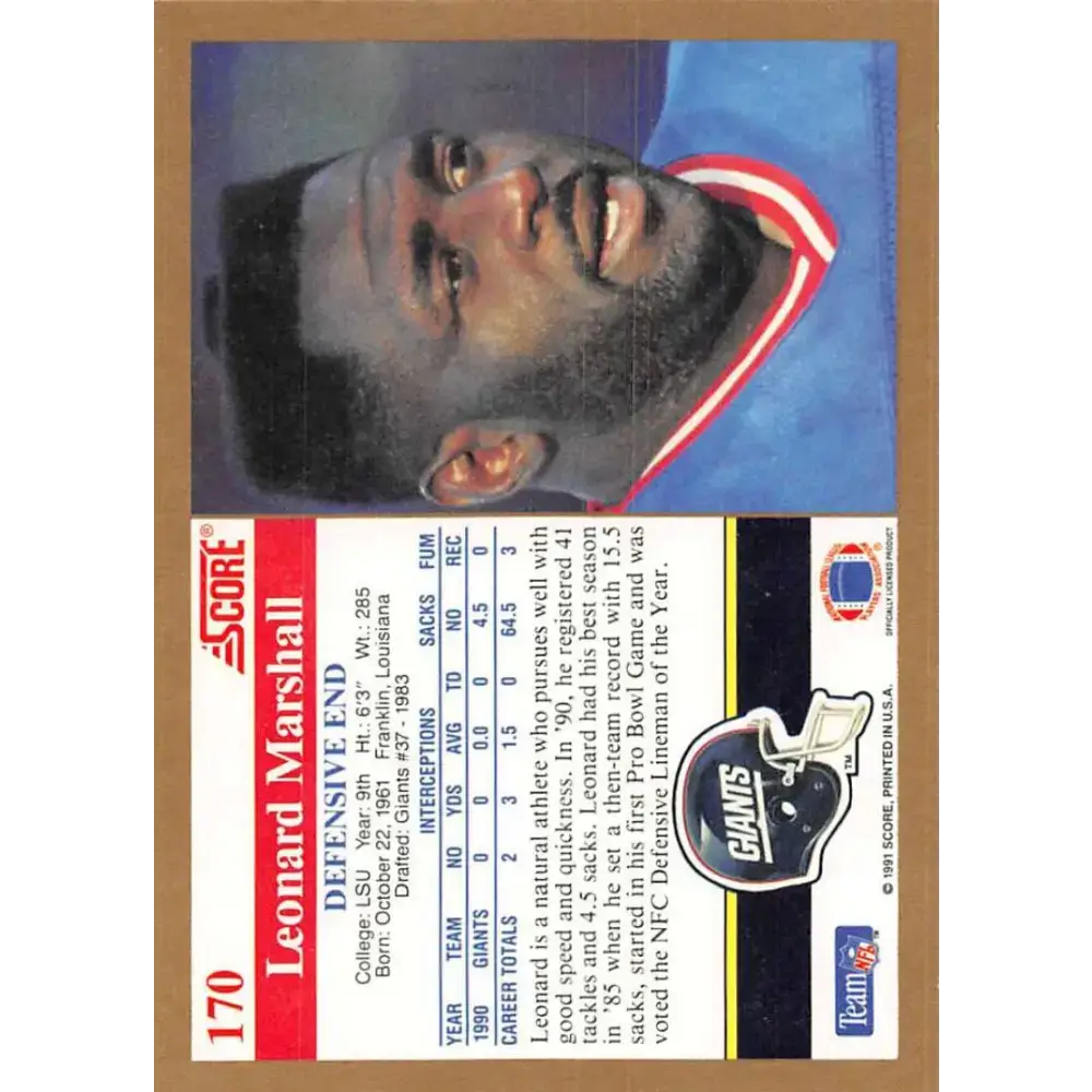 1991 Score #170 Leonard Marshall EX Excellent New York Giants Football Card - Football Card Single