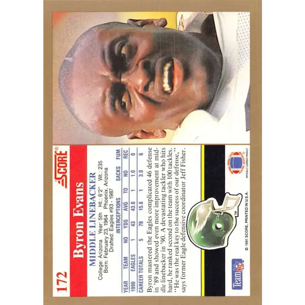 1991 Score #172 Byron Evans EX Excellent Philadelphia Eagles Football Card - Football Card Single