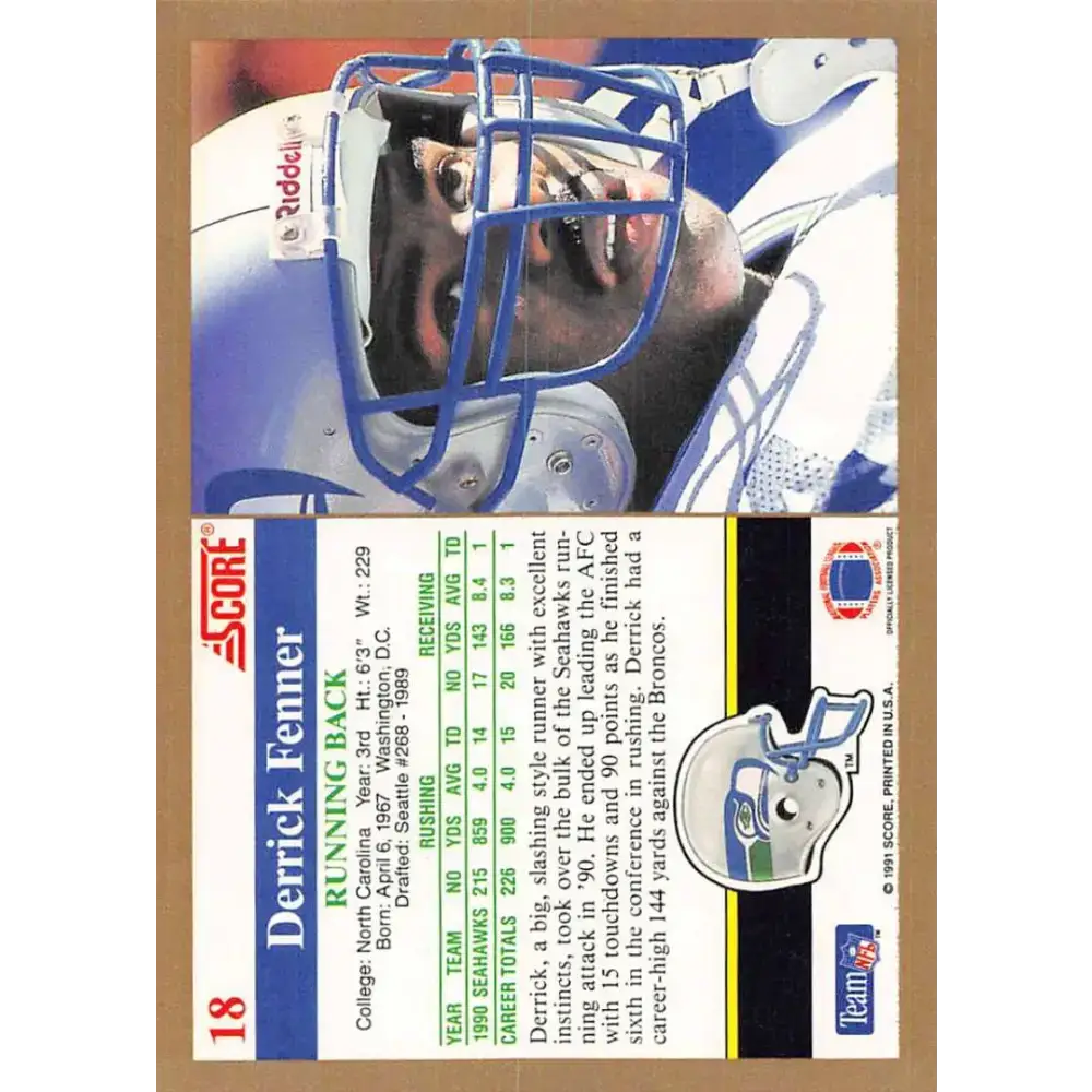 1991 Score #18 Derrick Fenner EX Excellent Seattle Seahawks Football Card - Football Card Single