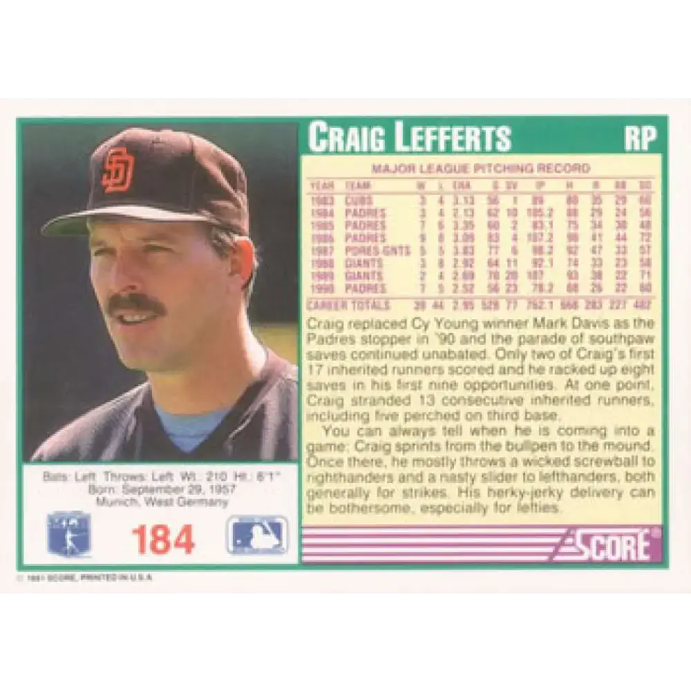 1991 Score #184 Craig Lefferts NM-MT San Diego Padres Baseball Card - Baseball Card Single