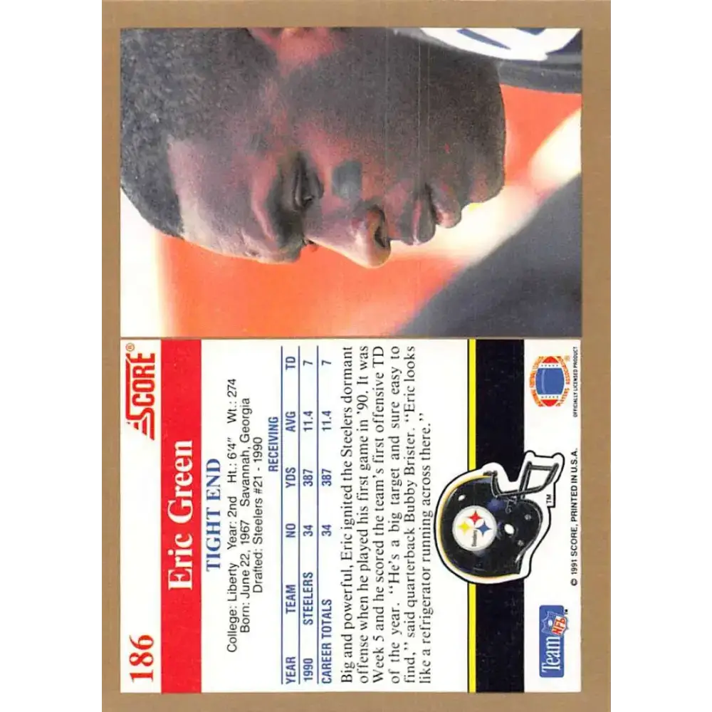 1991 Score #186 Eric Green EX Excellent Pittsburgh Steelers Football Card - Football Card Single
