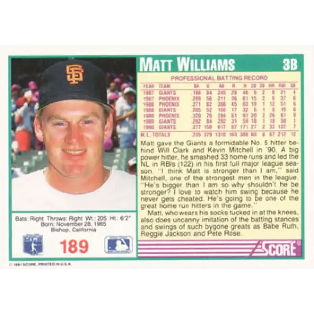 1991 Score #189 Matt Williams NM-MT San Francisco Giants Baseball Card - Baseball Card Single