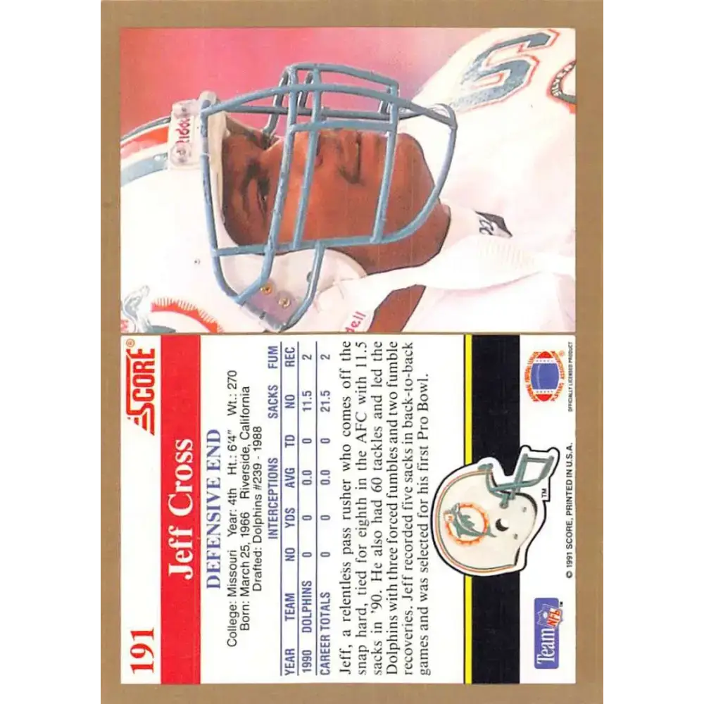 1991 Score #191 Jeff Cross EX Excellent Miami Dolphins Football Card - Football Card Single