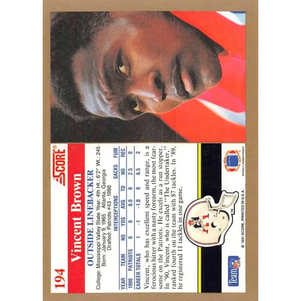 1991 Score #194 Vincent Brown EX Excellent New England Patriots Football Card - Football Card Single