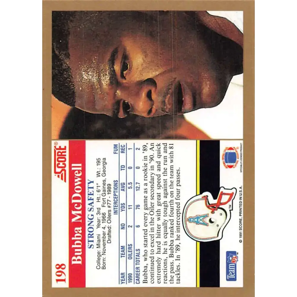 1991 Score #198 Bubba McDowell EX Excellent Houston Oilers Football Card - Football Card Single