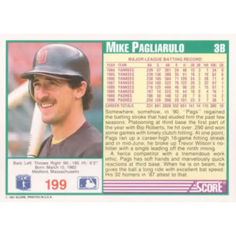 1991 Score #199 Mike Pagliarulo NM-MT San Diego Padres Baseball Card - Baseball Card Single