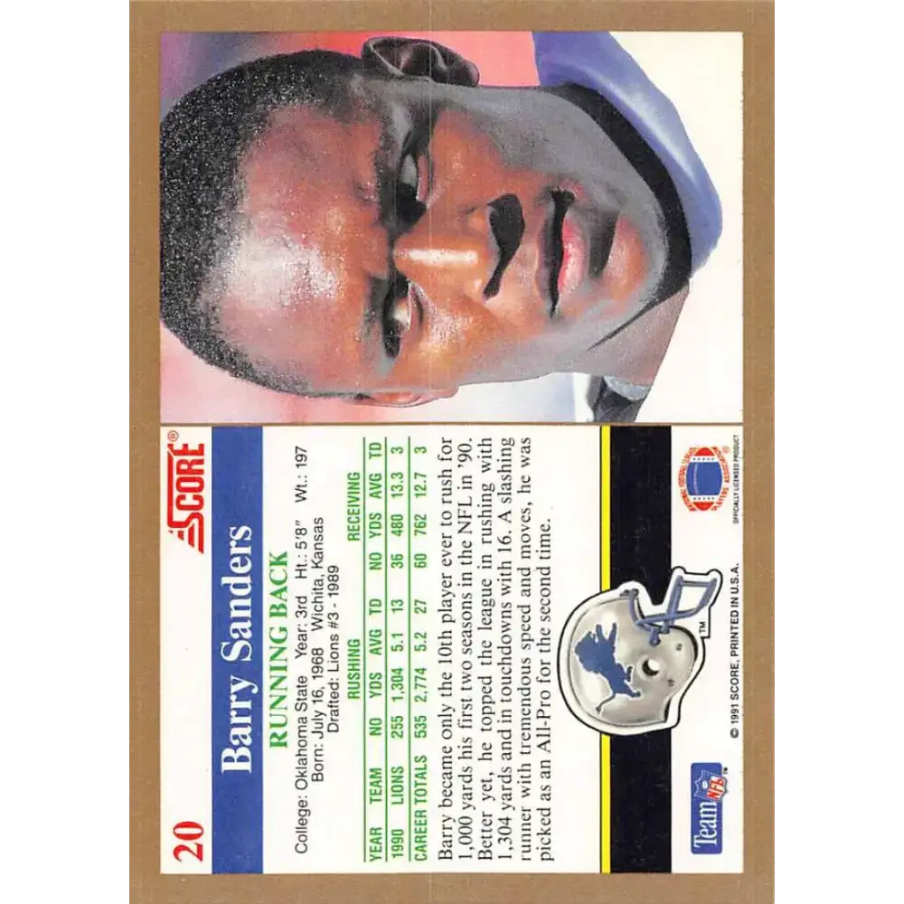 1991 Score #20 Barry Sanders EX Excellent Detroit Lions Football Card - Football Card Single