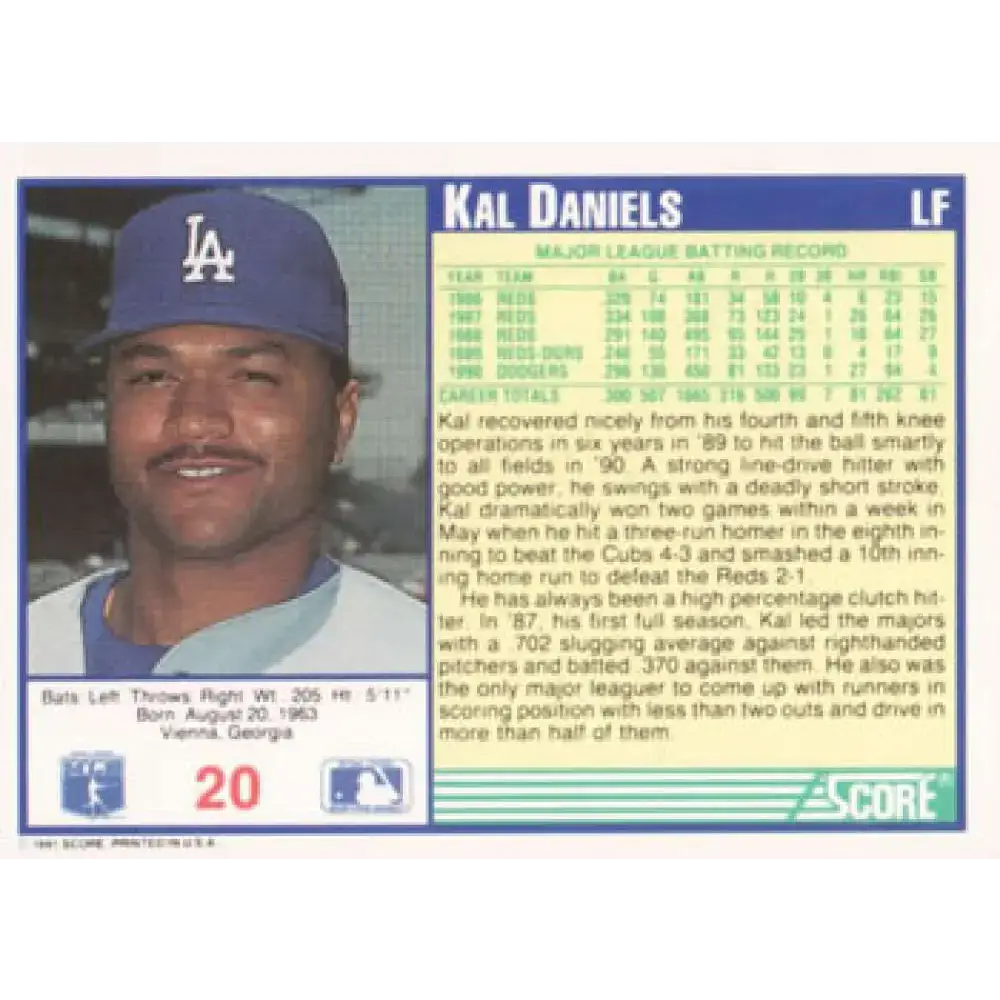 1991 Score #20 Kal Daniels NM-MT Los Angeles Dodgers Baseball Card - Baseball Card Single