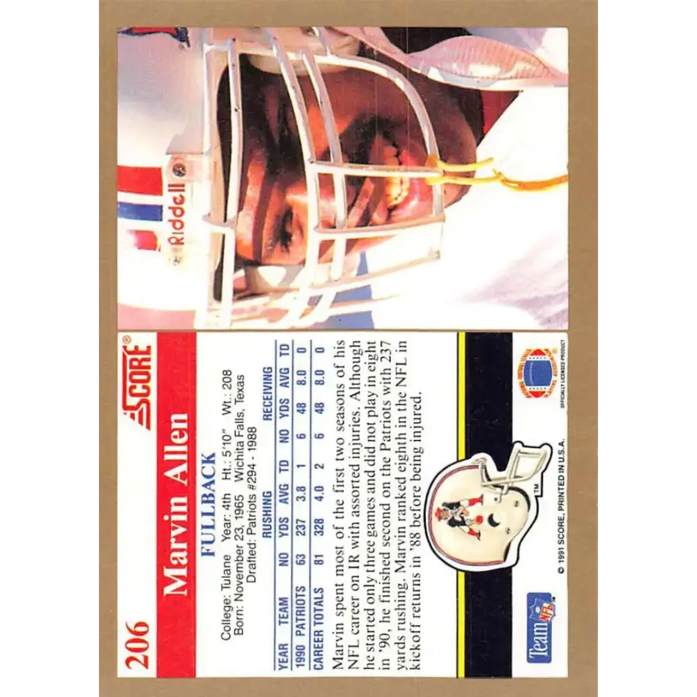 1991 Score #206 Marvin Allen EX Excellent New England Patriots Football Card - Football Card Single