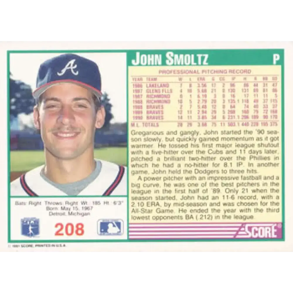1991 Score #208 John Smoltz NM-MT Atlanta Braves Baseball Card - Baseball Card Single