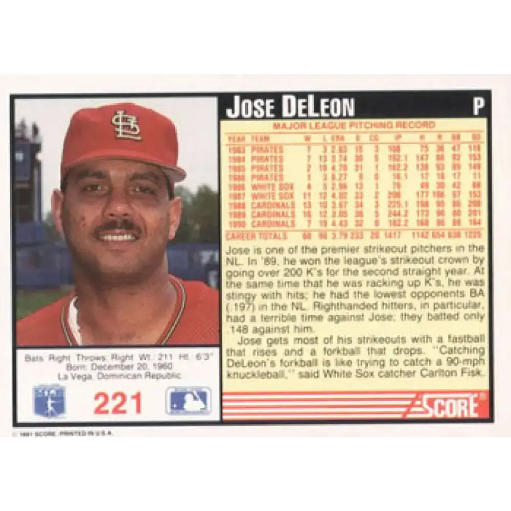 1991 Score #221 Jose DeLeon NM-MT St. Louis Cardinals Baseball Card - Baseball Card Single