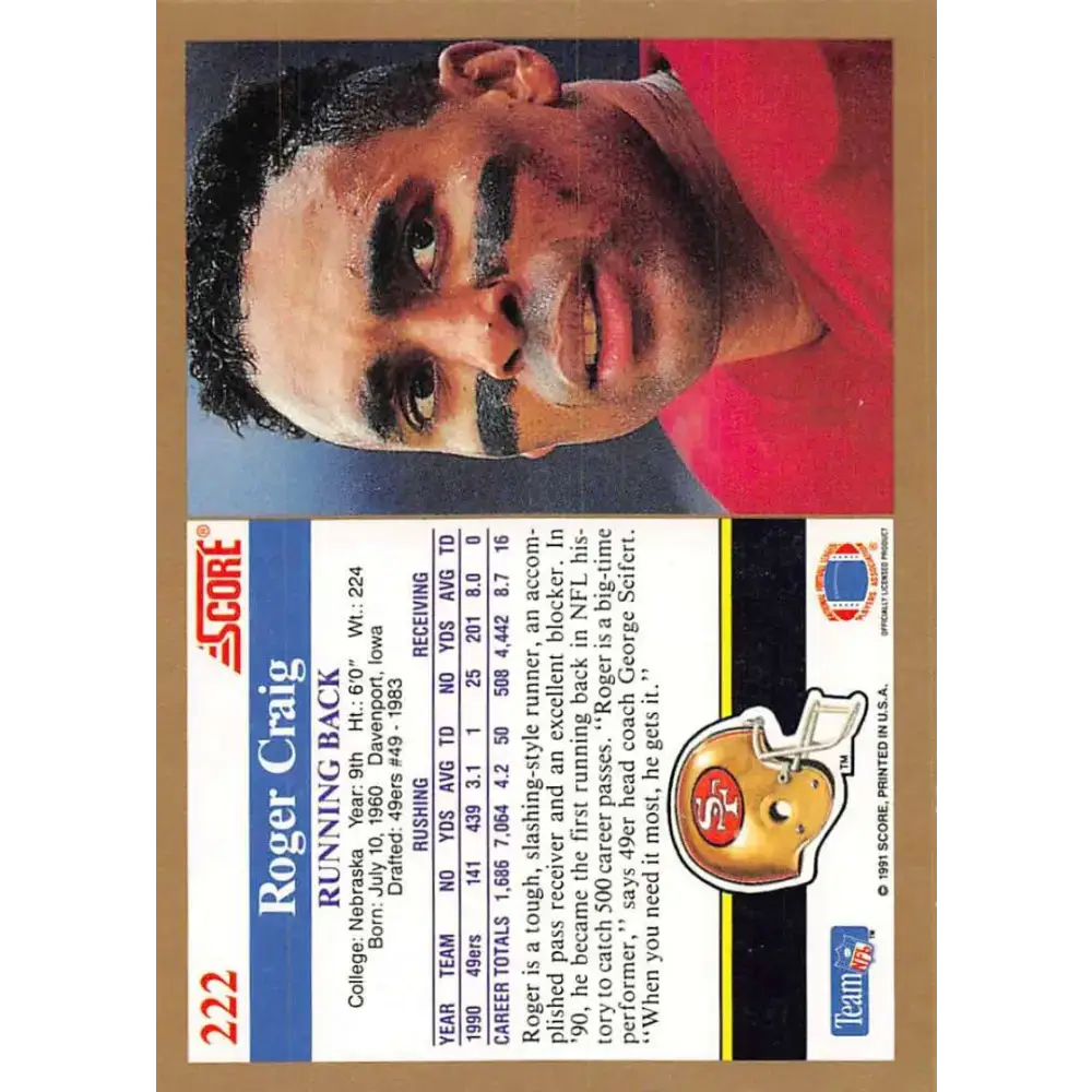 1991 Score #222 Roger Craig EX Excellent San Francisco 49ers Football Card - Football Card Single