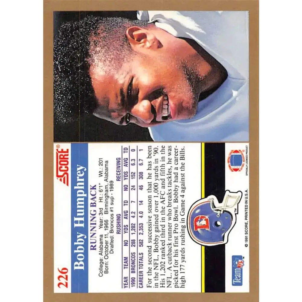 1991 Score #226 Bobby Humphrey EX Excellent Denver Broncos Football Card - Football Card Single