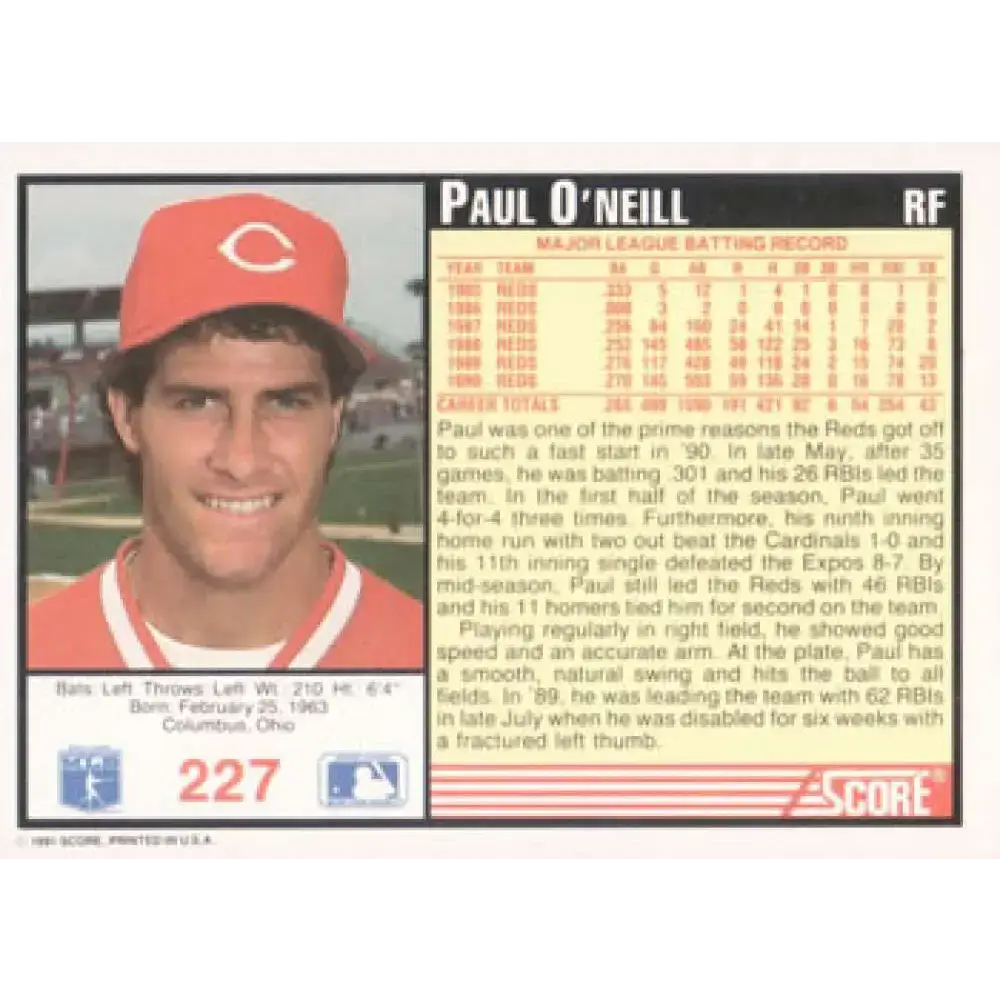 1991 Score #227 Paul O’Neill NM-MT Cincinnati Reds Baseball Card - Baseball Card Single