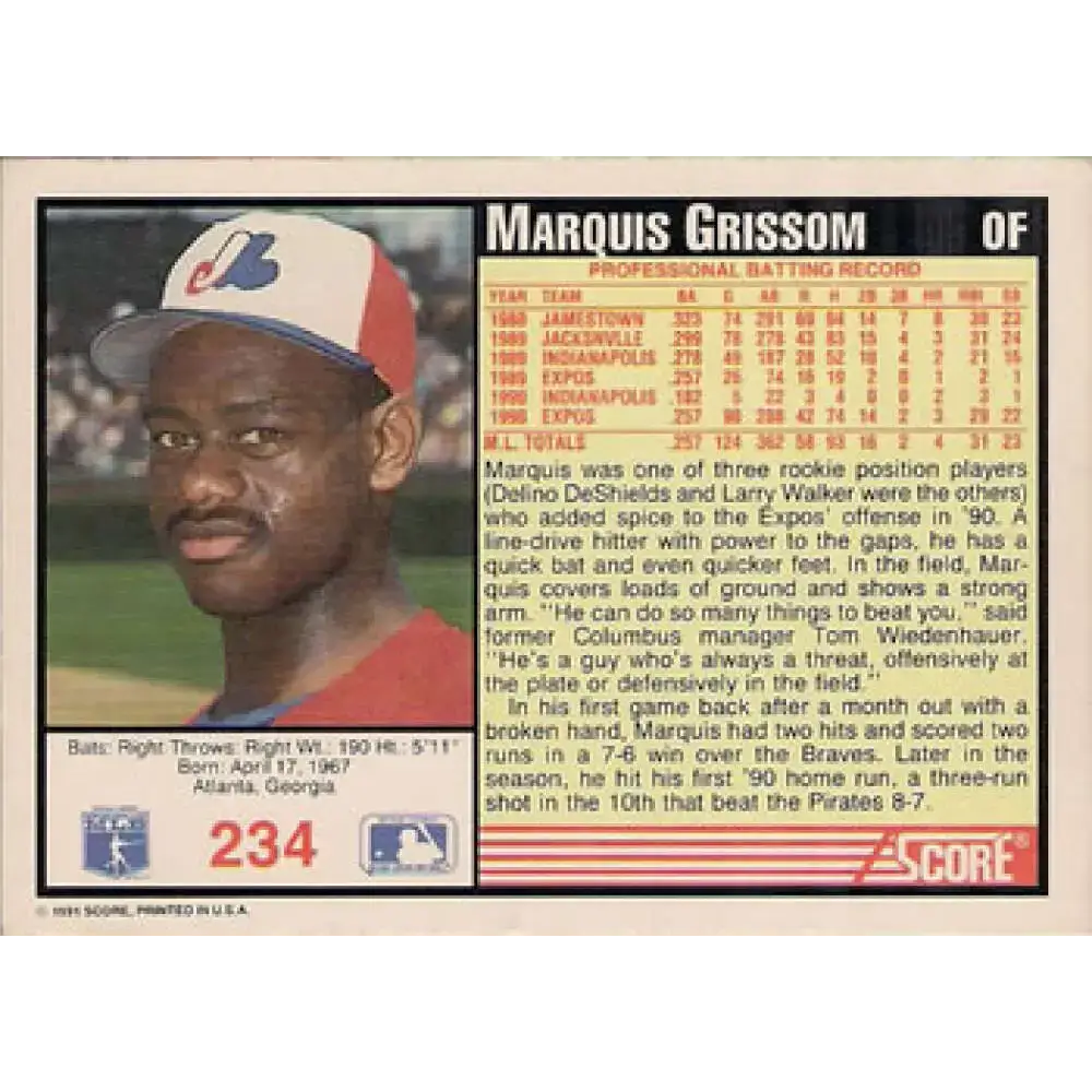 1991 Score #234 Marquis Grissom NM-MT Montreal Expos Baseball Card - Baseball Card Single